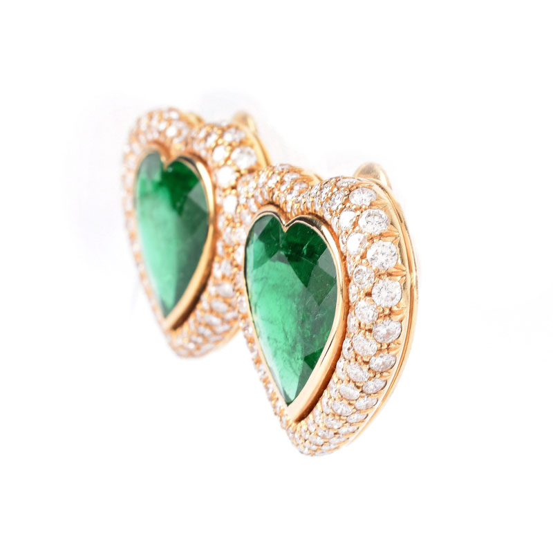 Vintage Large Heart Shape Colombian Emerald, Approx. 8.0-8.5 Carat Pave Set Round Brilliant Cut Diamond and 18 Karat Yellow Gold Earrings.