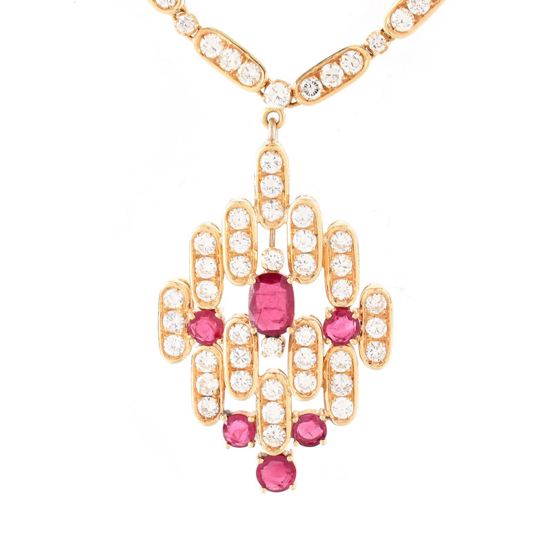 Vintage Approx. 15.0 Carat Round Brilliant Cut Diamond, 3.0 Carat Oval and Round Cut Ruby and 18 Karat Yellow Gold (Detachable) Pendant Necklace. 