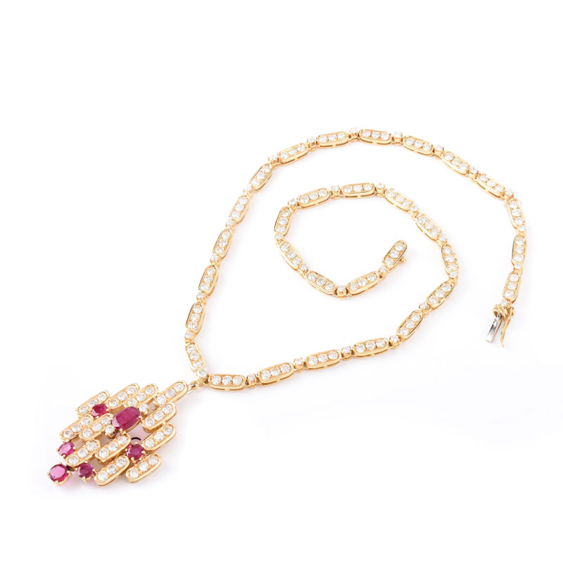 Vintage Approx. 15.0 Carat Round Brilliant Cut Diamond, 3.0 Carat Oval and Round Cut Ruby and 18 Karat Yellow Gold (Detachable) Pendant Necklace. 