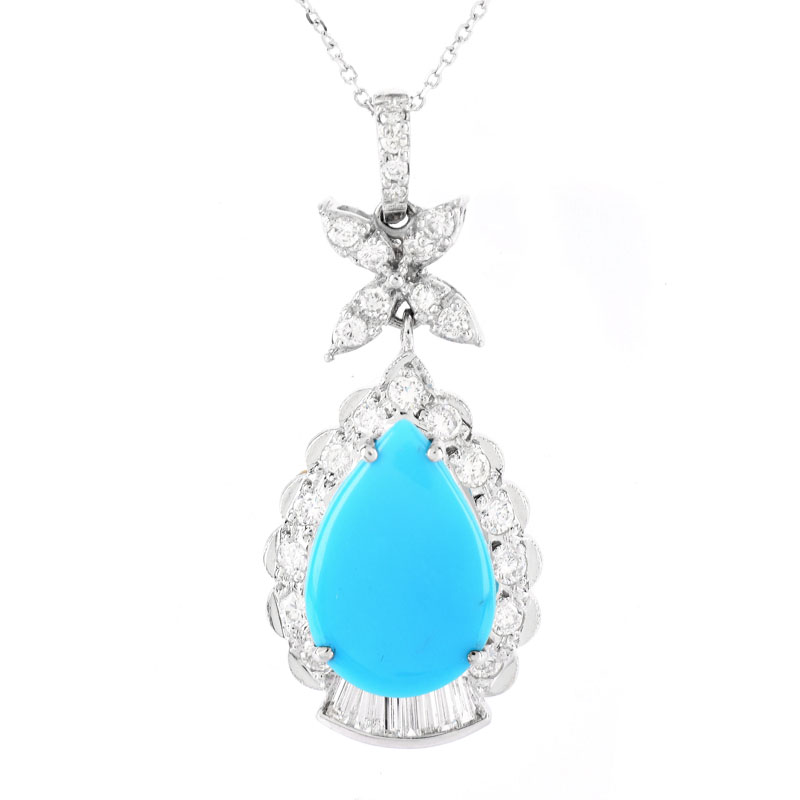 Approx. 3.80 Carat Oval Cabochon Persian Turquoise, .90 Carat Round Brilliant Cut and Baguette Cut Diamond and 18 Karat White Gold Pendant.