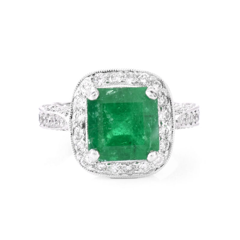 Approx. 3.70 Carat Colombian Emerald, 1.60 Carat Round Brilliant Cut Diamond and 18 Karat White Gold Ring.