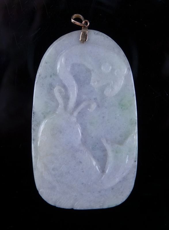 Antique Chinese Carved Apple Green Jade Pendant with 14 Karat Yellow Gold Clasp.