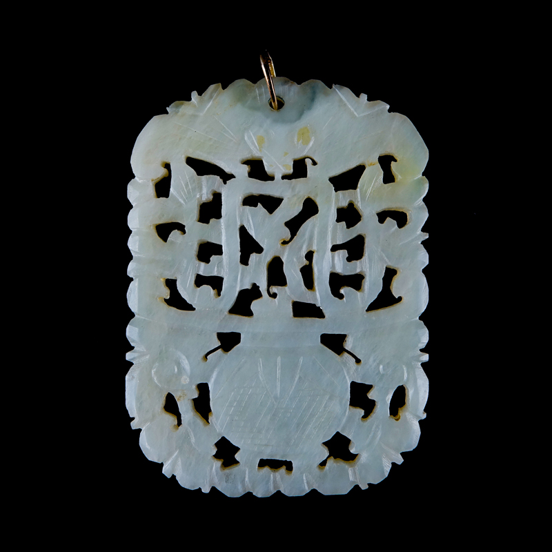 Antique Chinese Carved Celadon Jade Reticulated Pendant/Plaque 14 Karat Yellow Gold Clasp.