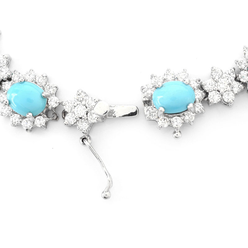 Approx. 9.70 Carat Oval Cabochon Persian Turquoise, 5.75 Carat Round Brilliant Cut Diamond and 18 Karat White Gold Bracelet. 