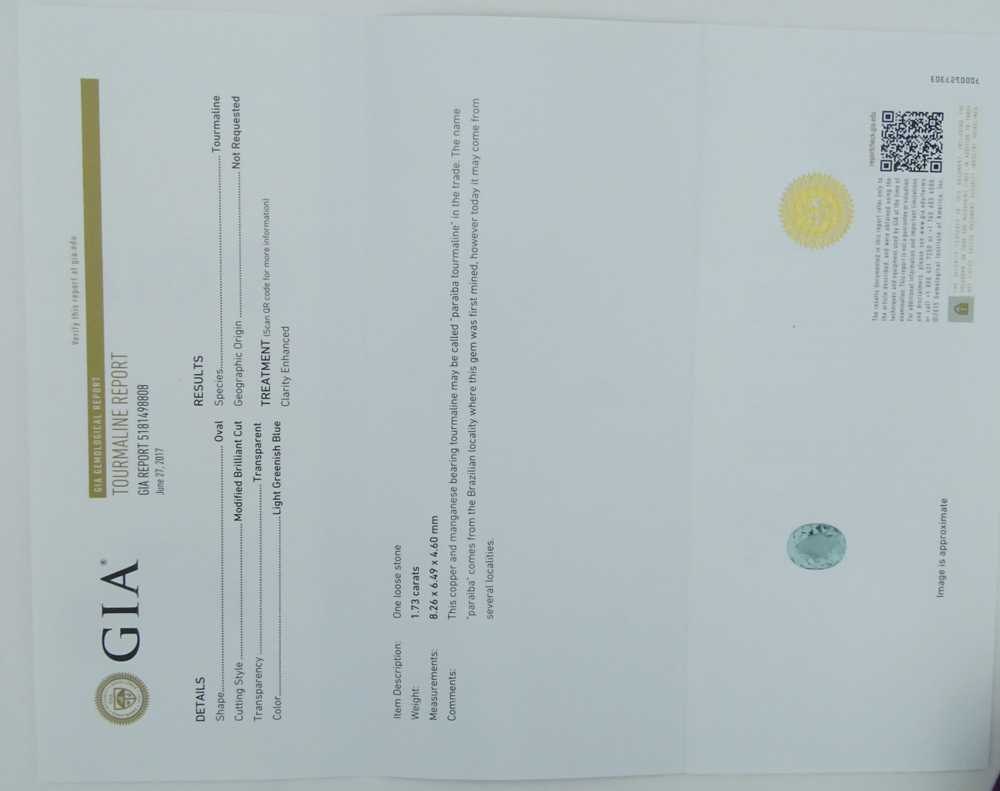 GIA Certified 1.73 Carat Oval Cut Light Greenish Blue Paraiba Tourmaline, 