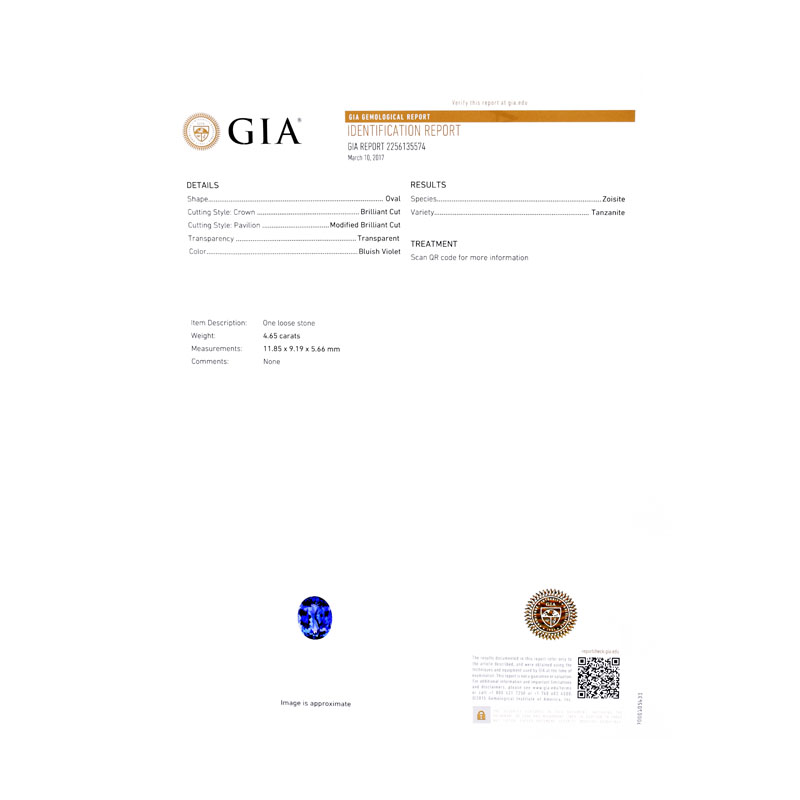 GIA Certified 4.65 Carat Oval Cut Tanzanite, 1.0 Carat Round Brilliant Cut Diamond and 18 Karat White Gold Pendant Necklace.