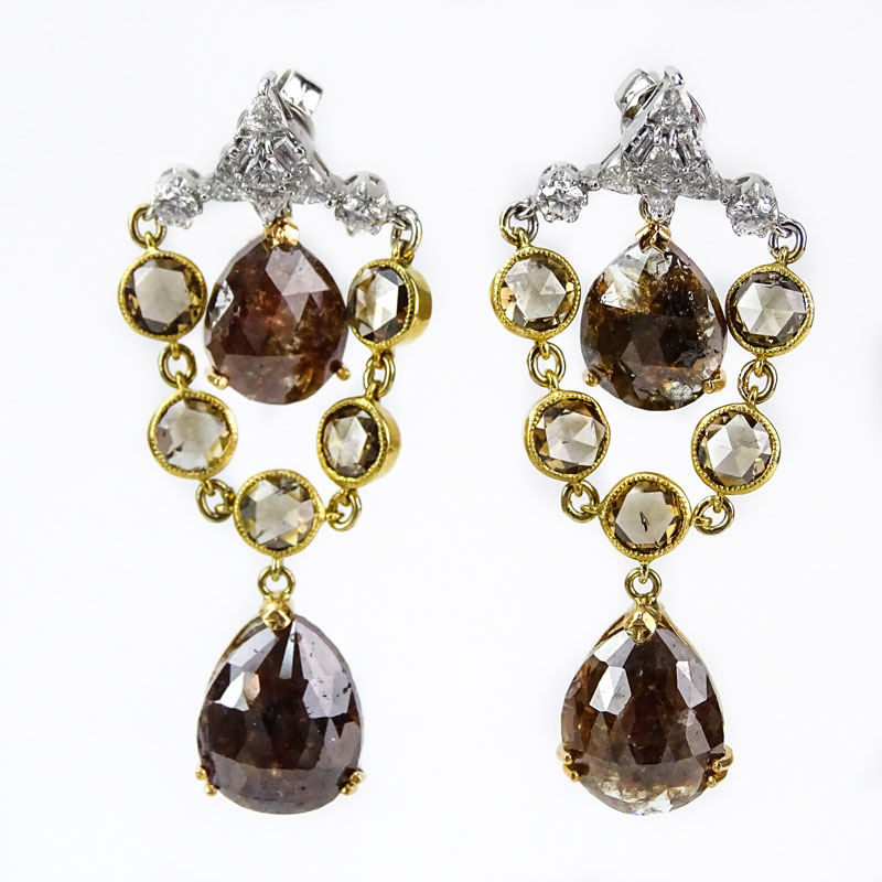 Approx. 17.45 Carat TW Multi Color Diamond and 18 Karat Yellow and White Gold Chandelier Earrings Very good condition.