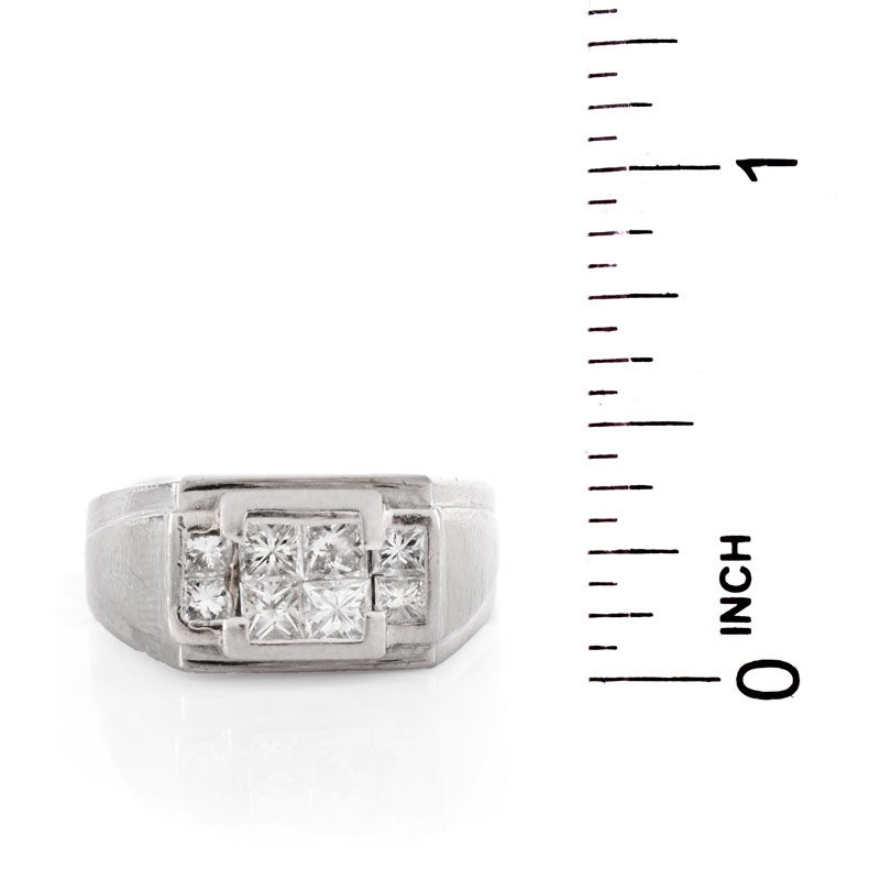 Man's Vintage Approx. 1.0 Carat Square Cut Diamond and 18 Karat White Gold Ring. Stamped 18K.
