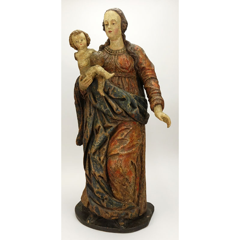 Large Wurttemberg region polychrome carved wood group "Virgin and Child". Circa first half of the 16th century.