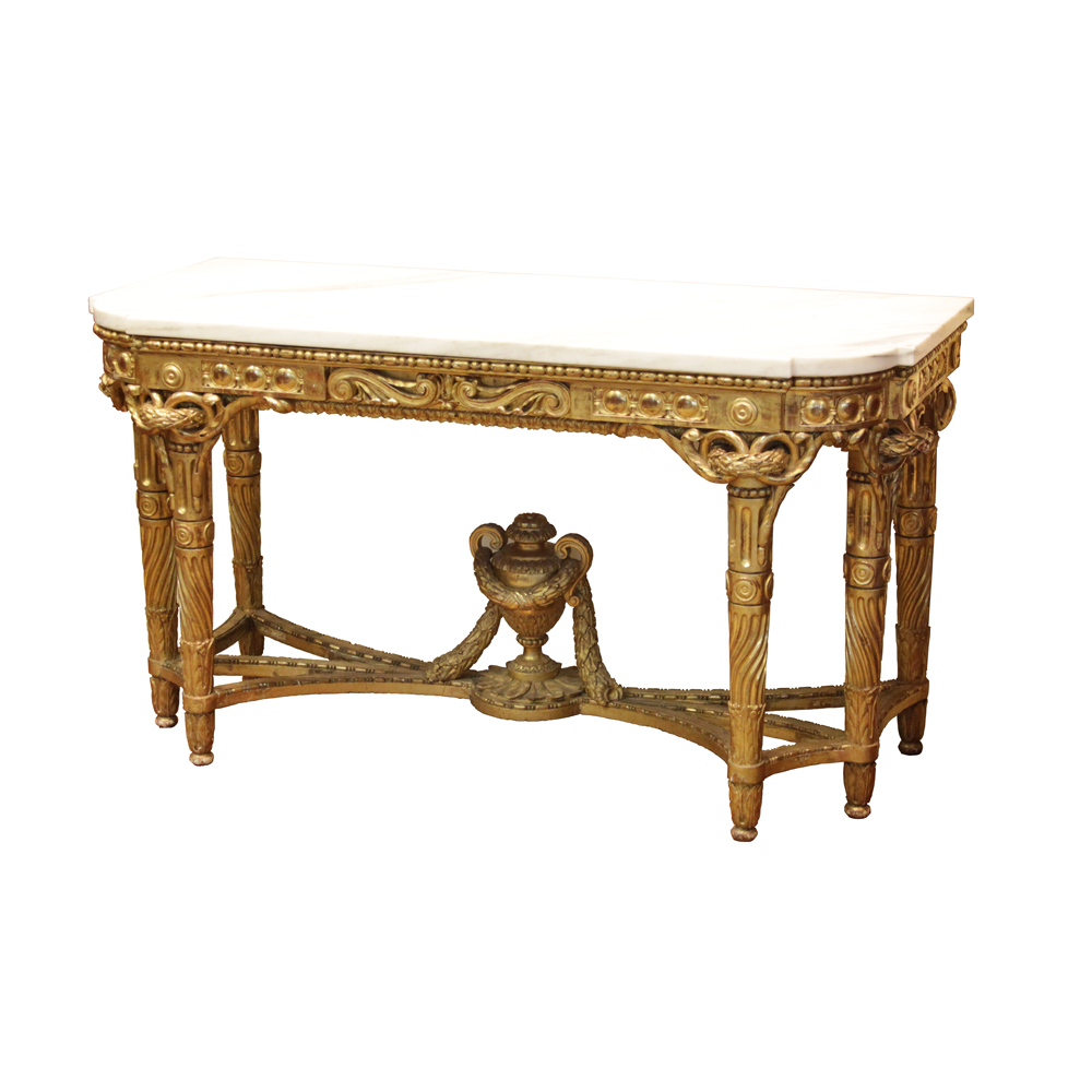 Fine Quality Large Early to Mid 19th Century Louis XVI style Carved and Gilt Wood Console with Heavy Marble Top.