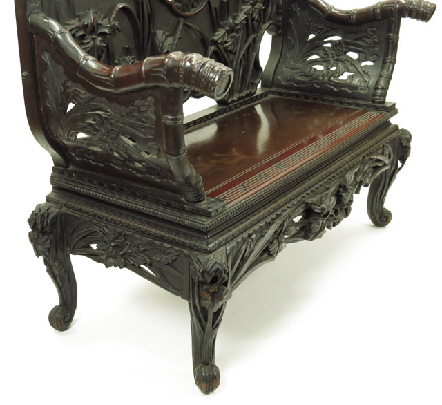 Japanese Export Hardwood Bench with Richly Carved Bamboo, Iris, Water Lily and Peony Motif and Owl Finials.