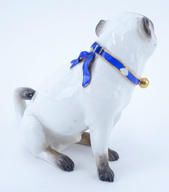 Antique Meissen Porcelain Pug Figurine. Signed with crossed swords mark. Small losses to collar and foot.