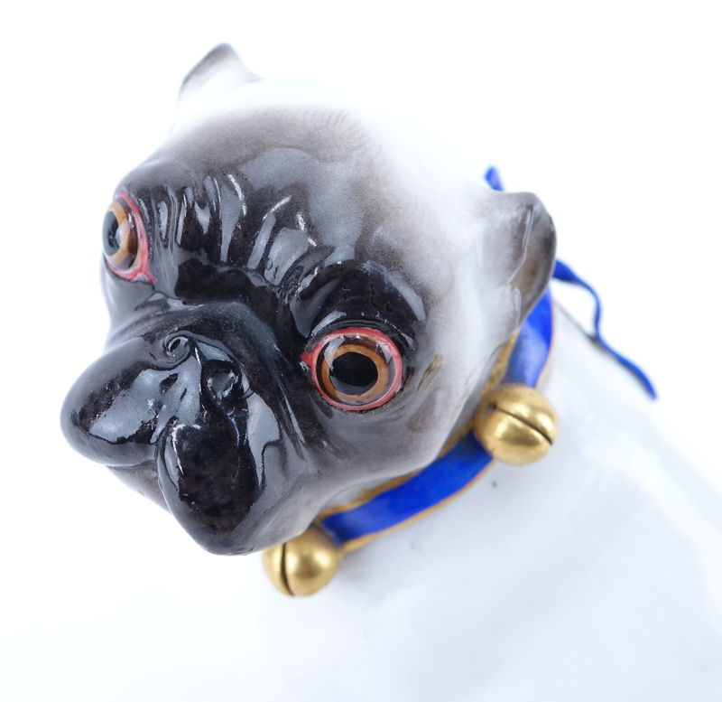 Antique Meissen Porcelain Pug Figurine. Signed with crossed swords mark. Small losses to collar and foot.