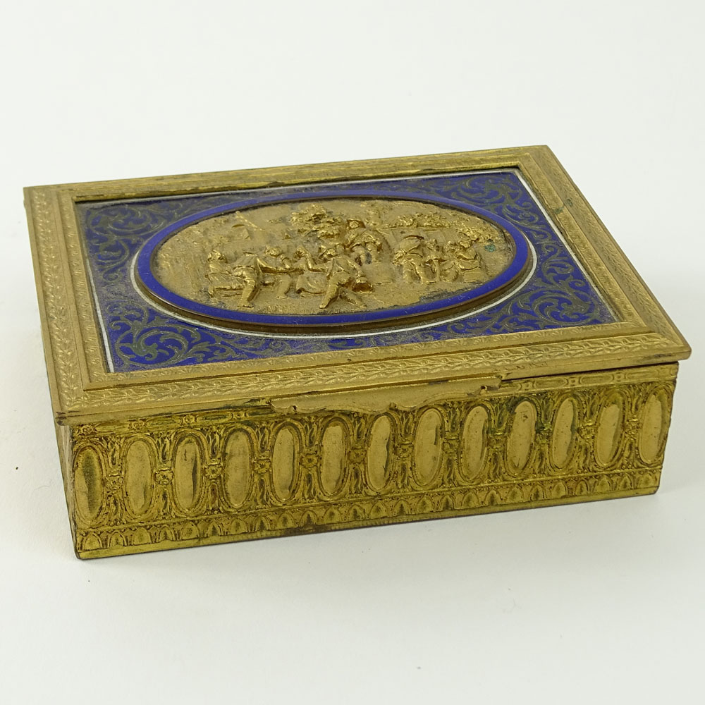 Vintage Continental Gilt and Enamel Bronze Box. Wood lined interior. Unsigned. Light wear or in good condition.