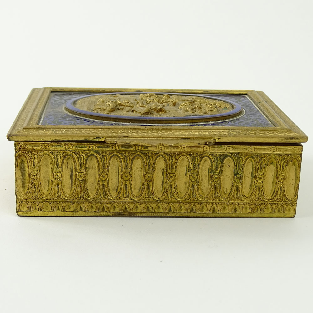Vintage Continental Gilt and Enamel Bronze Box. Wood lined interior. Unsigned. Light wear or in good condition.