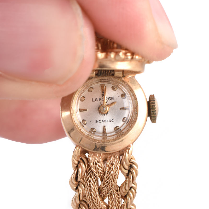 Lady's Vintage La Forge 14 Karat Yellow Gold and Opal Bracelet Watch. Signed, stamped 14K.