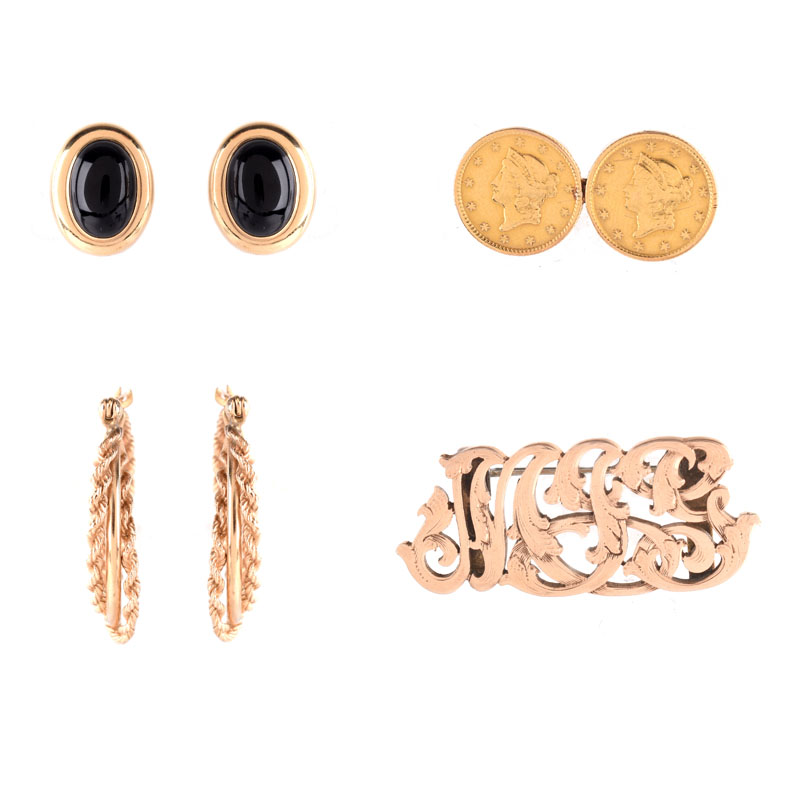 Two (2) Pair of 14 Karat Yellow Gold Earrings, one with black onyx; a 14 Karat Yellow Gold Monogram Pin and a Two (2) US $1 pin.