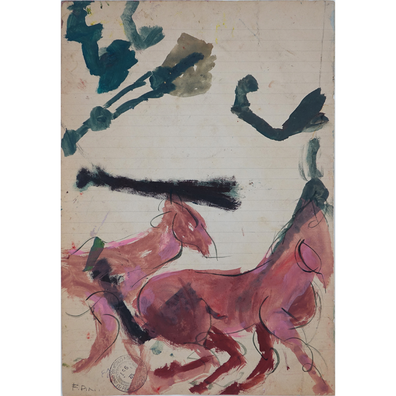 Mid-Century Ink and Watercolor On Lined Paper "Horses". Signed F. Pini, bears stamp dated 1957.