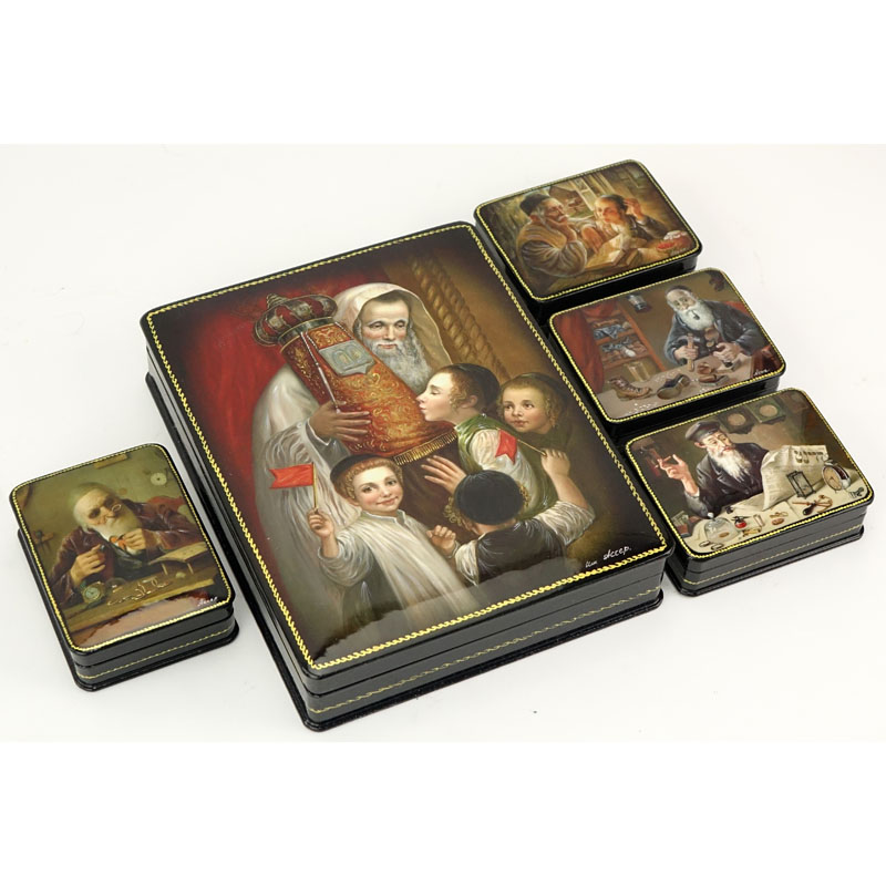 Large Russian Lacquer Box with Four (4) Smaller Boxes Inside. Depicts Judaica scenes. Artist signed.
