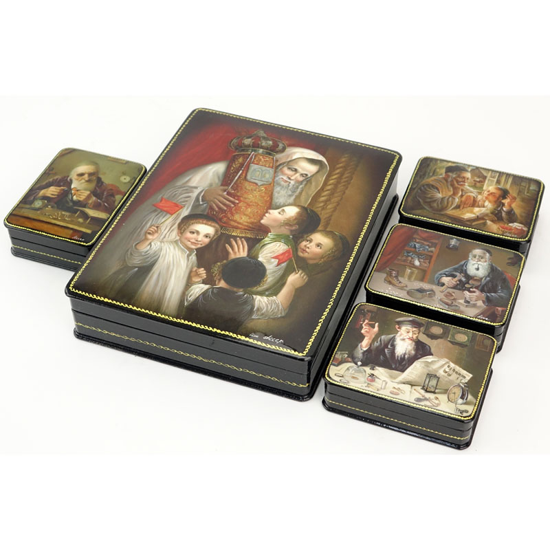 Large Russian Lacquer Box with Four (4) Smaller Boxes Inside. Depicts Judaica scenes. Artist signed.