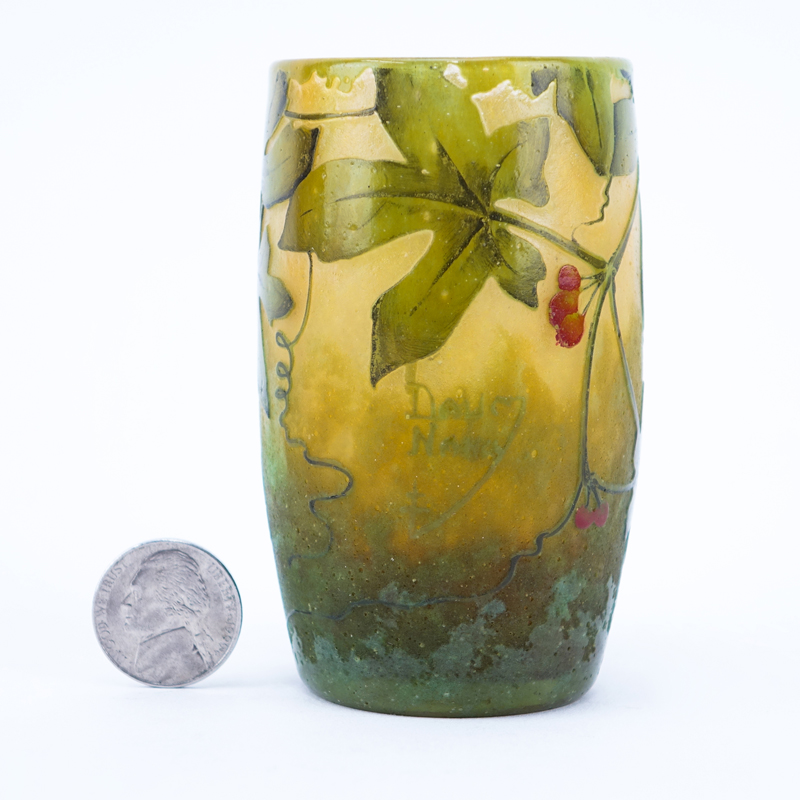 Art Nouveau Period Daum Nancy Cameo Glass Miniature Vase "Berry Vine". Signed Daum Nancy. Good Condition.