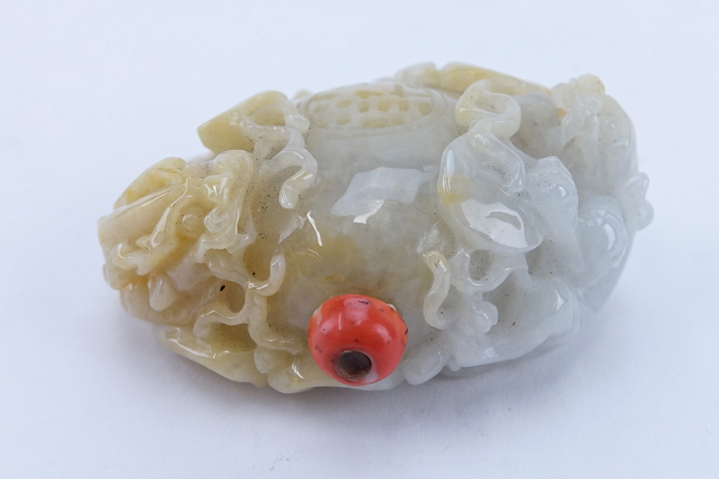 Chinese White / Celadon / Russet Jade Snuff Bottle with Relief Carved Chilong, Bat and Lotus Leaf, Coral Stopper.