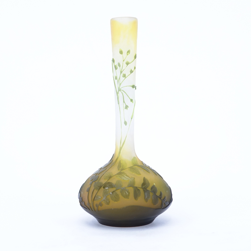 Galle Cameo Glass Vase  Green Fern Vase. Polished pontil bottom. Signed Galle. Minor flea bite on rim.