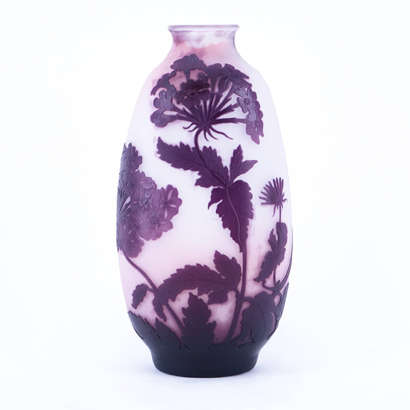 Large Cameo Glass Purple Flower Vase. Polished pontil bottom. Signed Galle. Measures 13" H. 