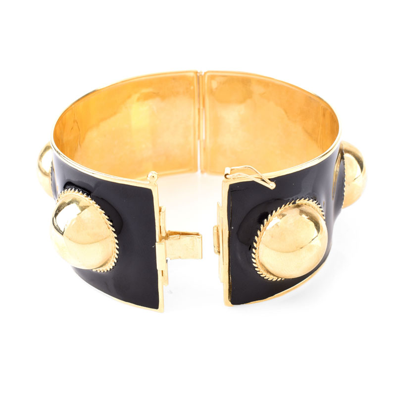 Vintage 14 Karat Yellow Gold and Enamel Wide Hinged Cuff Bangel Bracelet. Stamped 585.