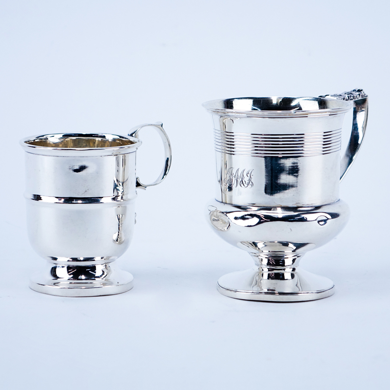Two (2) English Silver Handled Cups. Both signed with hallmarks. Good condition. Larger measures 3-1/2" H.