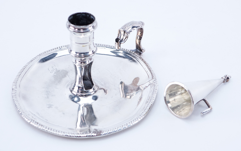 Early 20th Century English Silver Candleholder With Snuffer. Signed with English hallmarks, London 1905. 