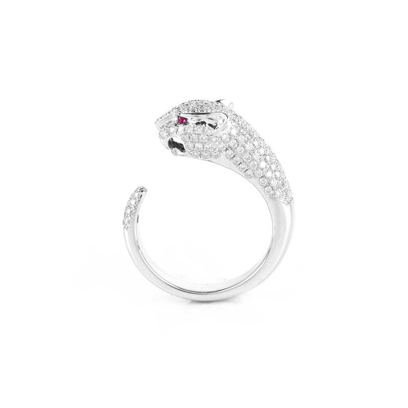 Cartier style Approx. 1.75 Carat Pave Set Round Brilliant Cut Diamond and 18 Karat White Gold Panther Ring Accented with Ruby Eyes.