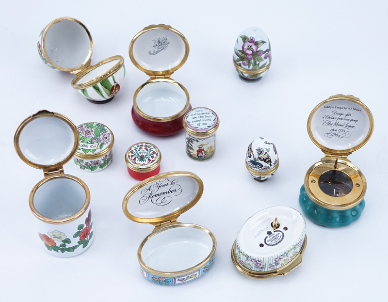 Collection of Eleven (11) Modern English Enamel Miniature Boxes, Some Musical. Signed. Two with small losses.