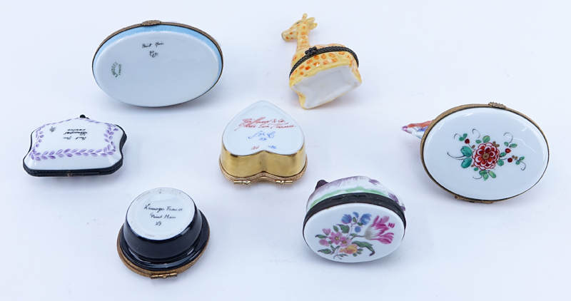 Collection of Seven (7) Vintage French Miniature Porcelain Trinket Boxes. Various subjects. Most signed.