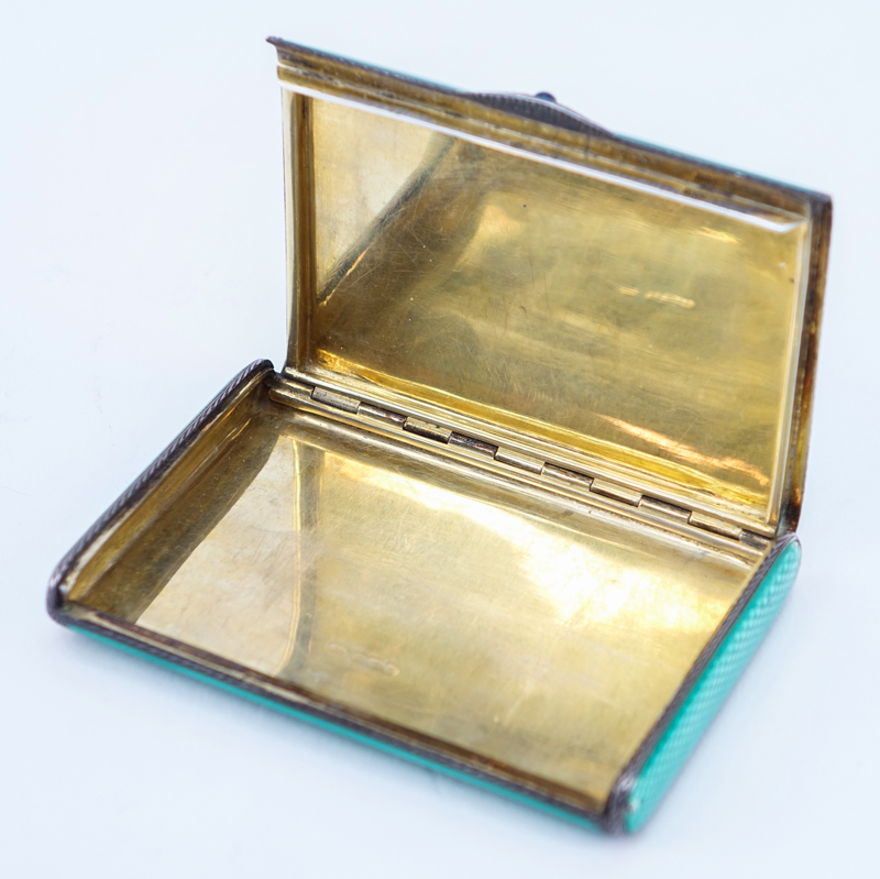 Antique Gilt Silver And Guilloche Enamel Card Box. The case of bright green enamel, the interior is gilt.