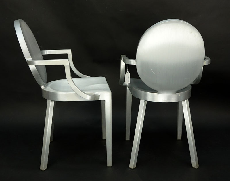 Two (2) Phillippe Starck for Emeco Brushed Aluminum Kong Armchairs. Marked. Good condition.
