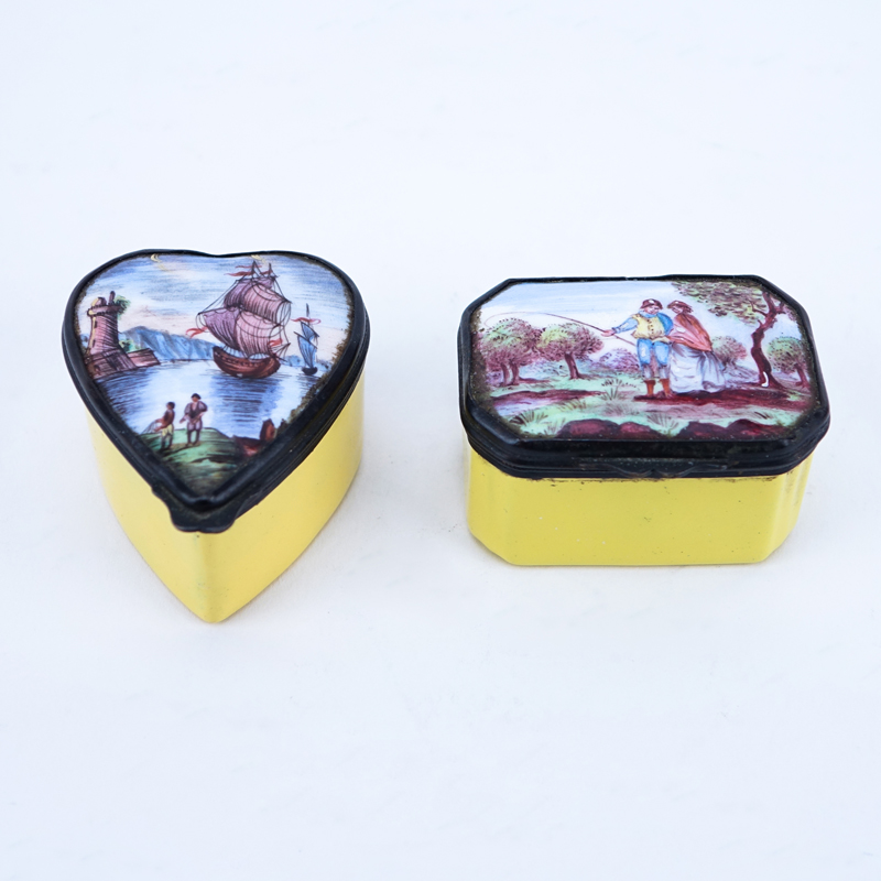 Two (2) Early English Enamel Patch Boxes. Possibly 18th Century Bilston. Unsigned.