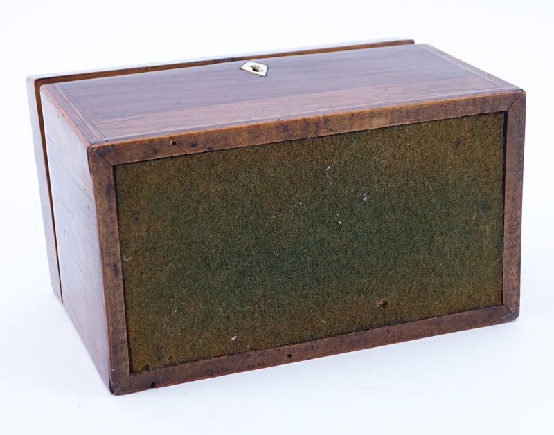 Antique English Banded Inlaid Tea Caddy. Unsigned. Good Condition. Measures 5" H x 7-3/8" W x 4-1/8" D.