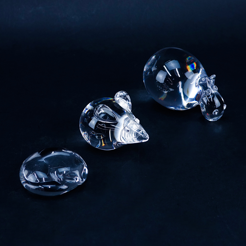Lot of Three Crystal Animal Paperweights. Includes: Tiffany & Co. sleeping cat, Steuben mouse, hippo (signed illegible).