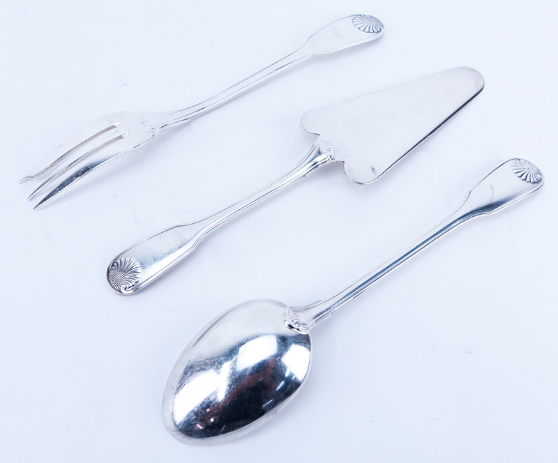 Three (3) Christofle Vendome-Arcantia Silverplate Serving Pieces. Includes Serving spoon and fork set, cake/pie server. 