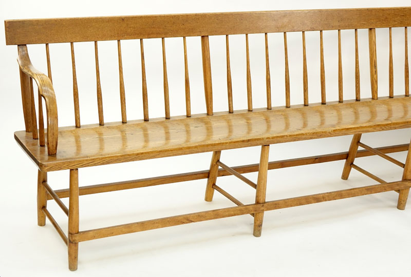 Long American Windsor Elm Wood Bench / Church Pew. Spindle back and arms.