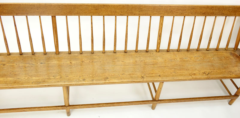 Long American Windsor Elm Wood Bench / Church Pew. Spindle back and arms.
