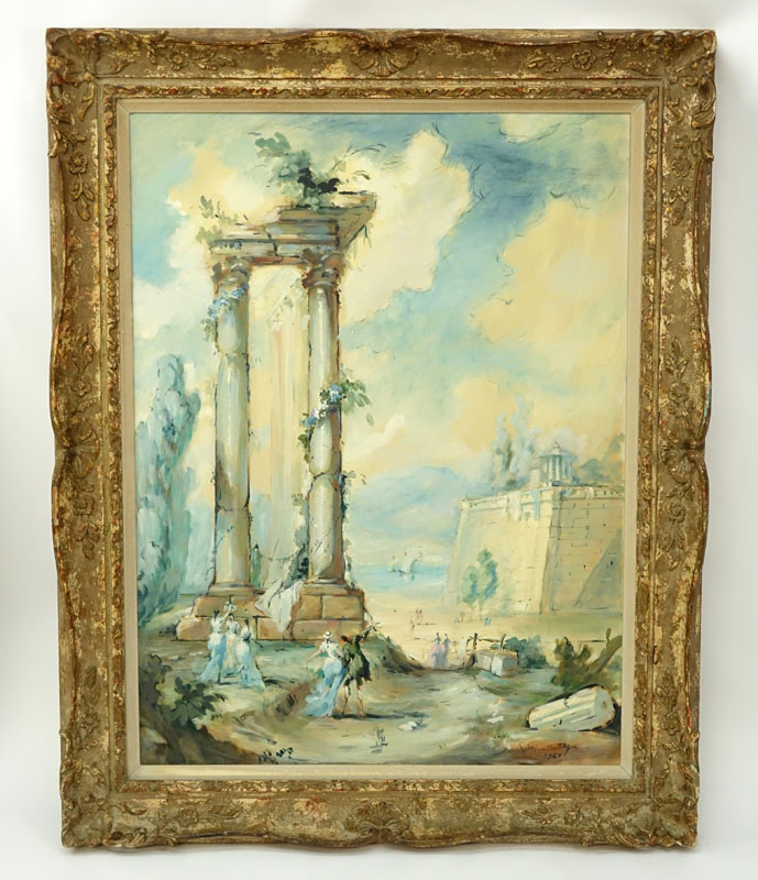 Roderic Montagu, French (1907 - 2001) Oil on Canvas, View of Ancient Ruins, Signed and Dated 1960 Lower Right. Good condition.