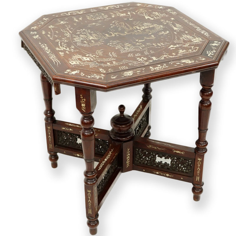Chinese Carved Hardwood and Bone Inlay Occasional Table.