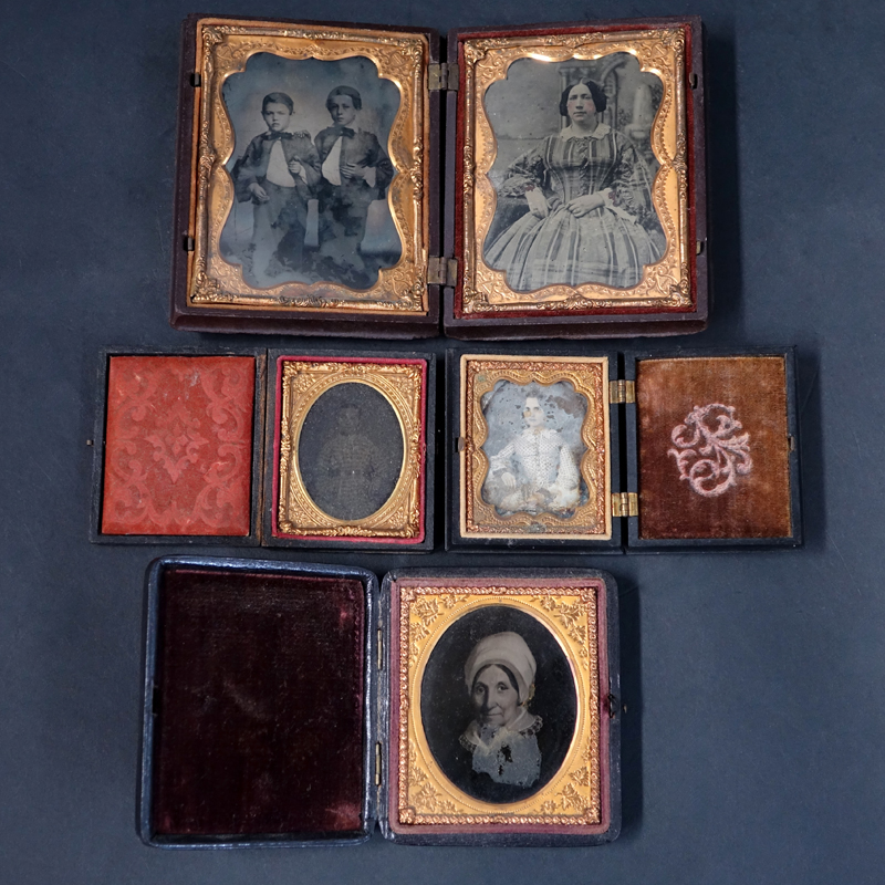 Lot of Five (5) 19th Century Cased Daguerreotypes. One case with 2 images. Unsigned.
