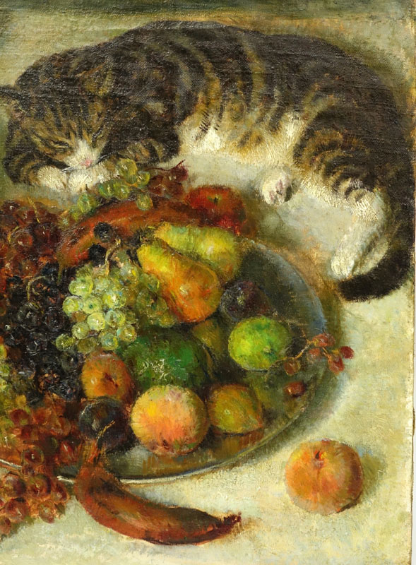 John Koch, American (1909-1978) Oil on Canvas "Still Life with Cat". Signed Lower Left. Good conserved condition.