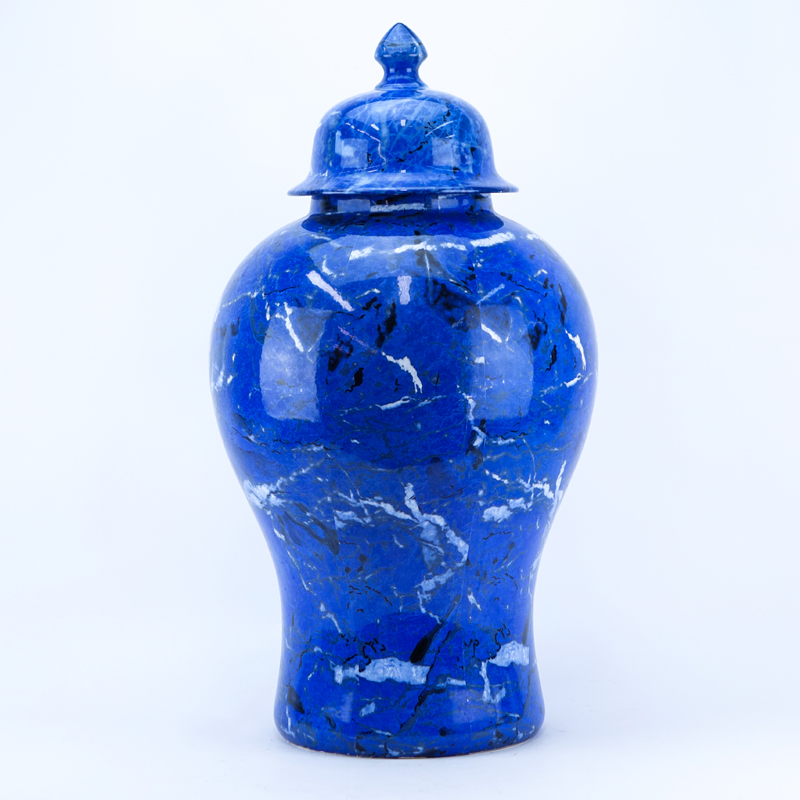 Large Modern Faux Lapis Blue Glaze Porcelain Covered Urn. Unsigned. Good condition. Measures 27-1/2" H.