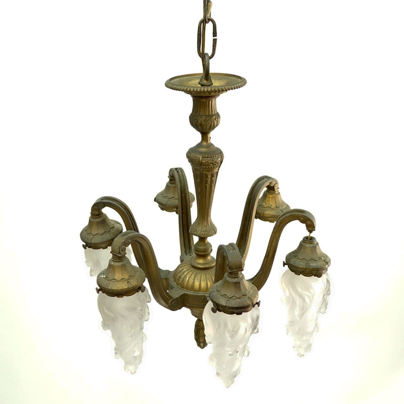 19th Century Gilt Bronze Six-Arm Chandelier with Frosted Glass Shades.