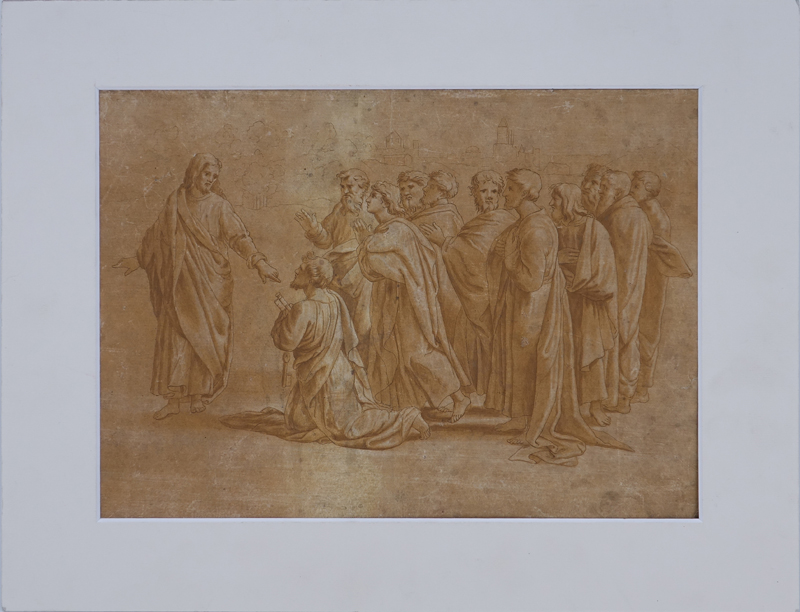 17th Century Old Master Sanguine Ink On Paper "Christ And His Apostles". Unsigned. Good condition.