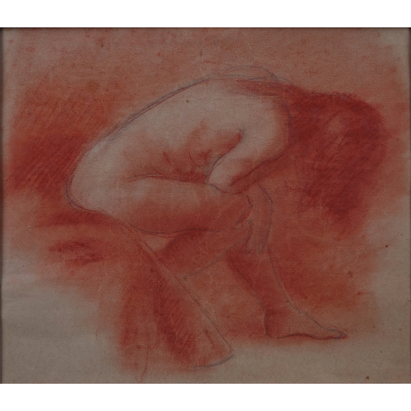 1930's French School Pencil and Red Chalk on Buff Paper "Seated Nude". Unsigned. Small tears.